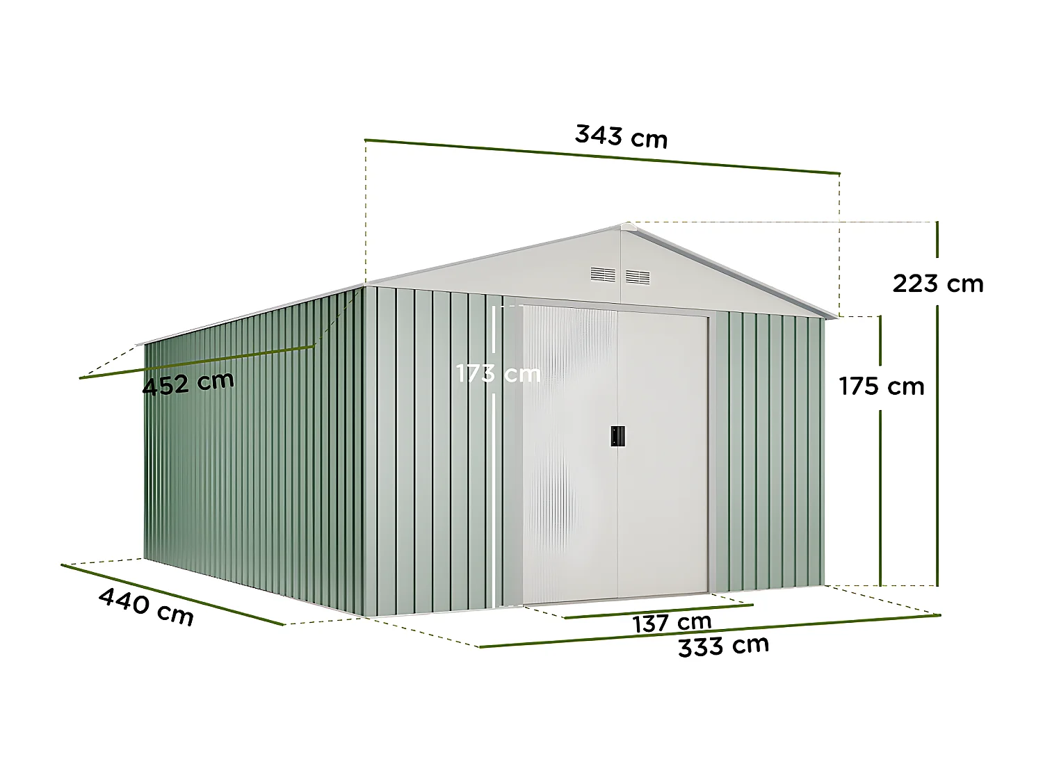 Casetta da giardino in metallo Anjala 15,5m2- 10 anni di garanzia - 343x452x223cm. Capanno da giardino