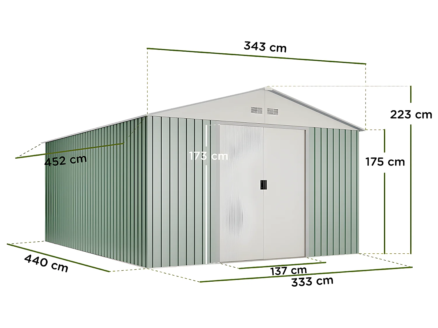 Caseta de jardín metálica Anjala 15,5m2- 10 años garantía - 452 x 343 x 223cm. Cobertizo jardin