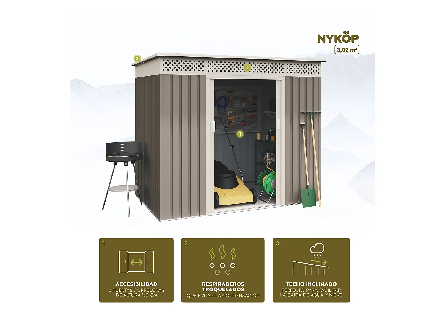 Capannone da giardino in metallo Nykop 3,02m2 - 10 anni di garanzia - 213x142x184cm. Capanno da giardino