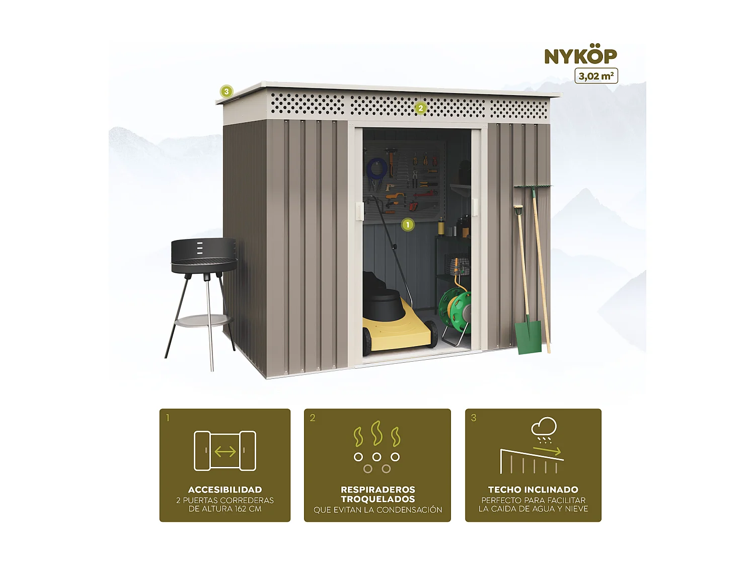 Abri de jardin en métal Nykop 3.02m2 - Garantie 10 ans - 213x142x184cm. Remise métal