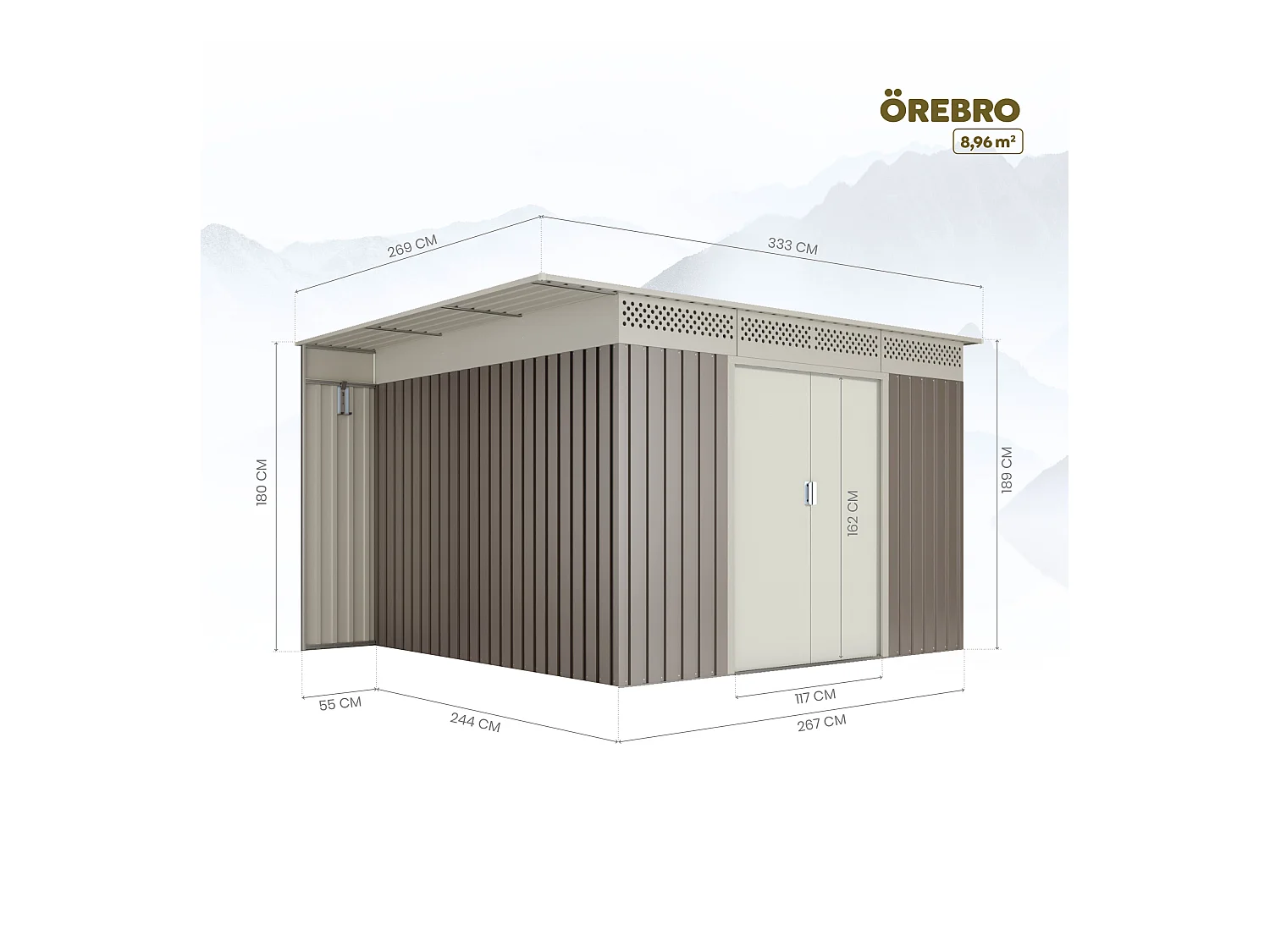 Capannone da giardino in metallo Orebro 8,96m2 - 10 anni di garanzia - 333x269x189cm. Capanno da giardino