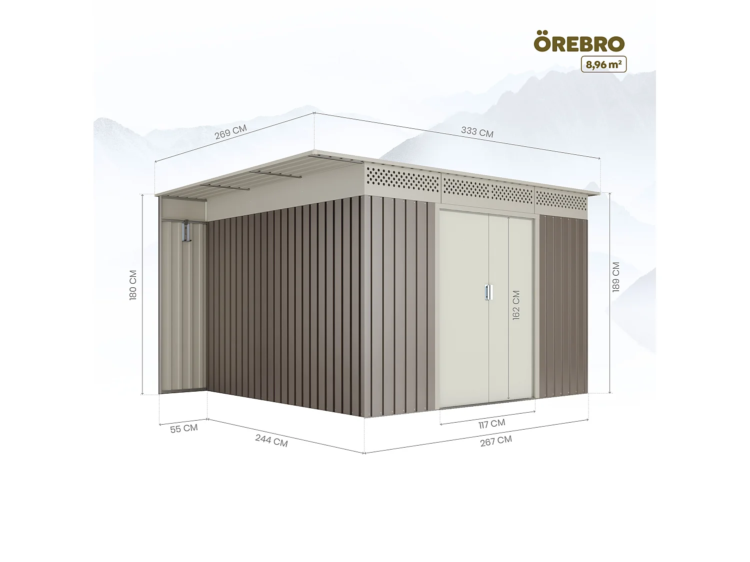 Abri de jardin Premium Orebro 8.96 m2 - Garantie 10 ans - 333x269x189cm. Remise métal