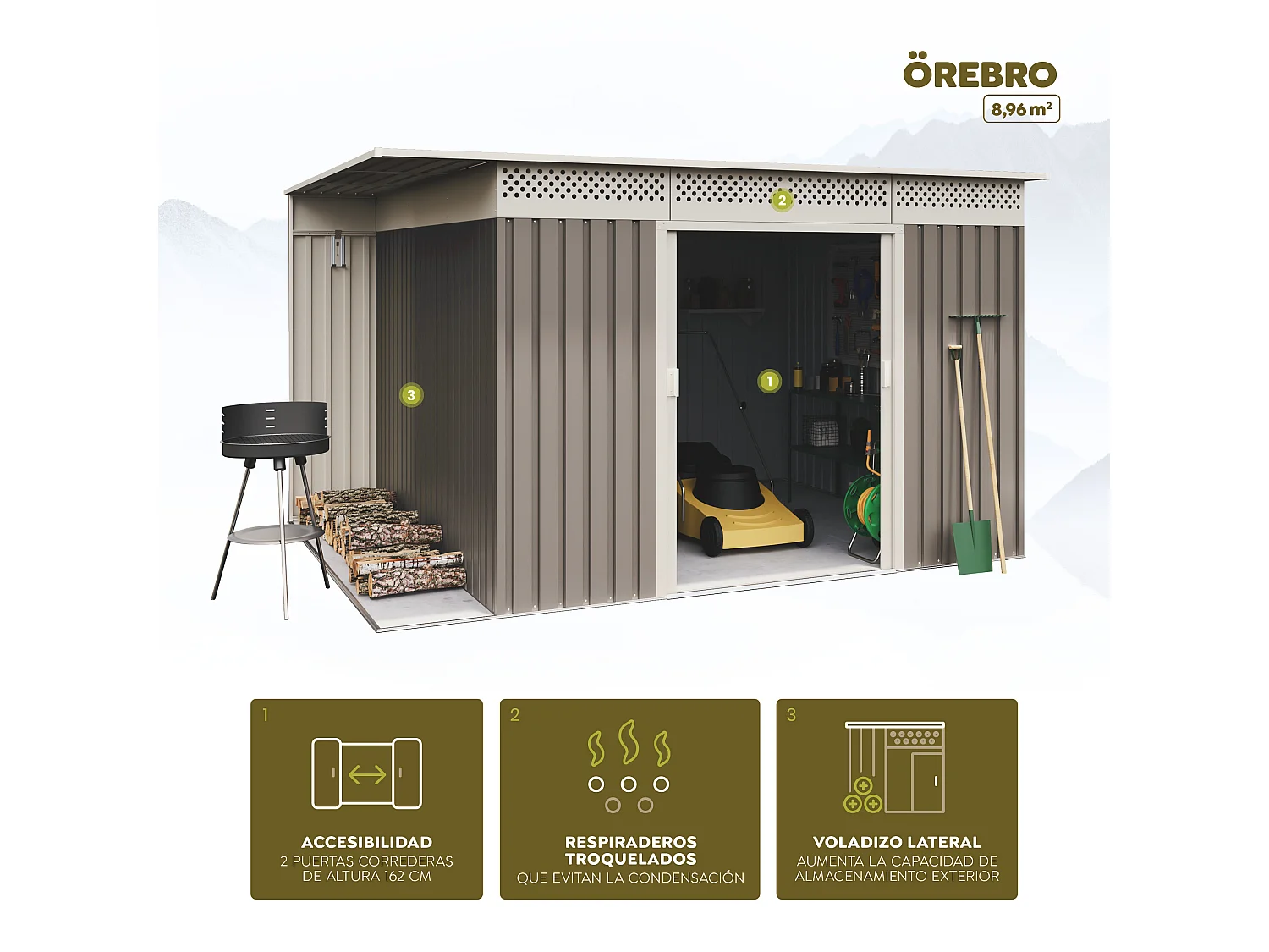 Abri de jardin Premium Orebro 8.96 m2 - Garantie 10 ans - 333x269x189cm. Remise métal