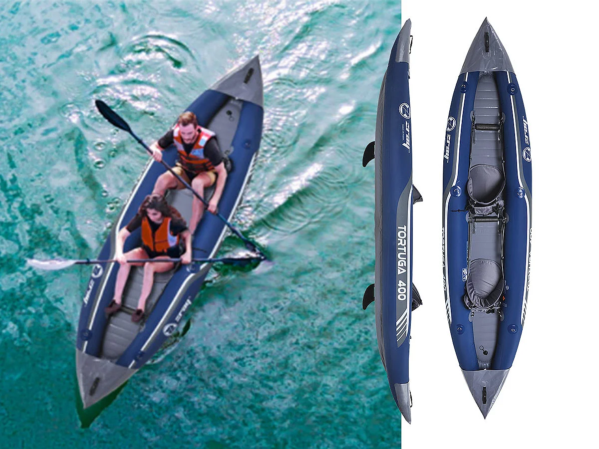 Kayak gonfiabile per 2 persone Tortuga Zray 386 x 86 cm (152" x 34") - Pagaie, borsa per il trasporto, pompa a pedale e sedili gonfiabili - PVC/cucitura a goccia