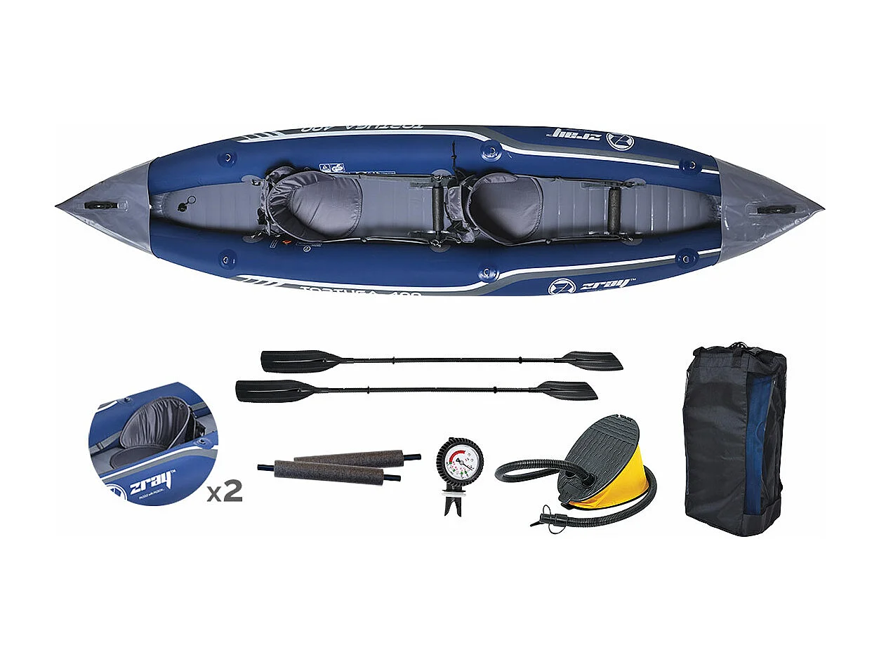 Kayak gonfiabile per 2 persone Tortuga Zray 386 x 86 cm (152" x 34") - Pagaie, borsa per il trasporto, pompa a pedale e sedili gonfiabili - PVC/cucitura a goccia