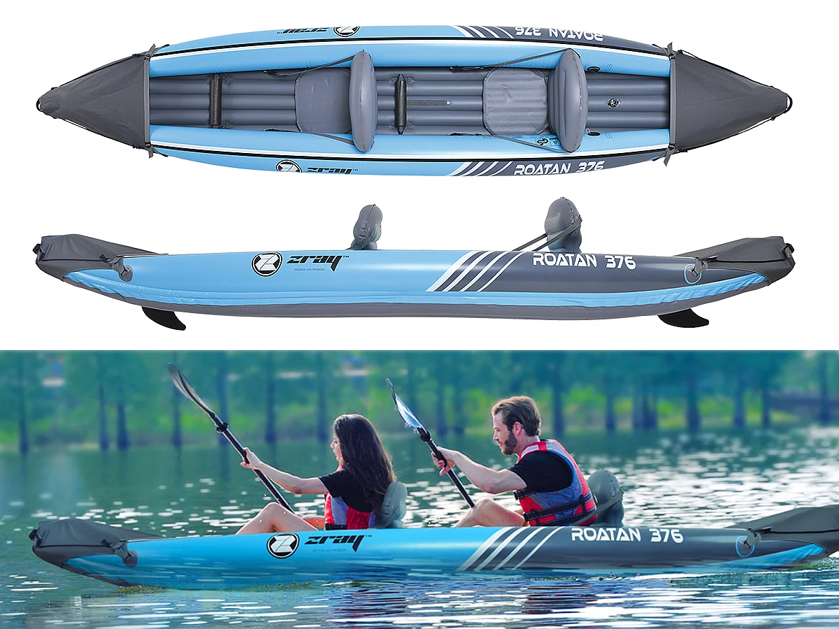 Kayak hinchable Zray Roatan 2 plazas 100% PVC Bomba de pie + 2 remos - Max 160kg -376x77cm (148 "x30") - Azul