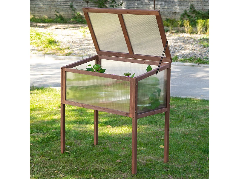 Mini serre sur pieds dim. 90L x 50l x 93H cm toit ouvrable panneaux de polycarbonate bois sapin traité