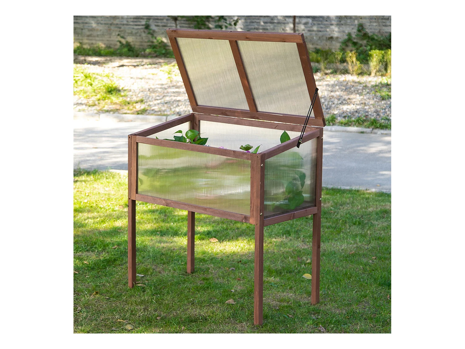 Mini serre sur pieds dim. 90L x 50l x 93H cm toit ouvrable panneaux de polycarbonate bois sapin traité