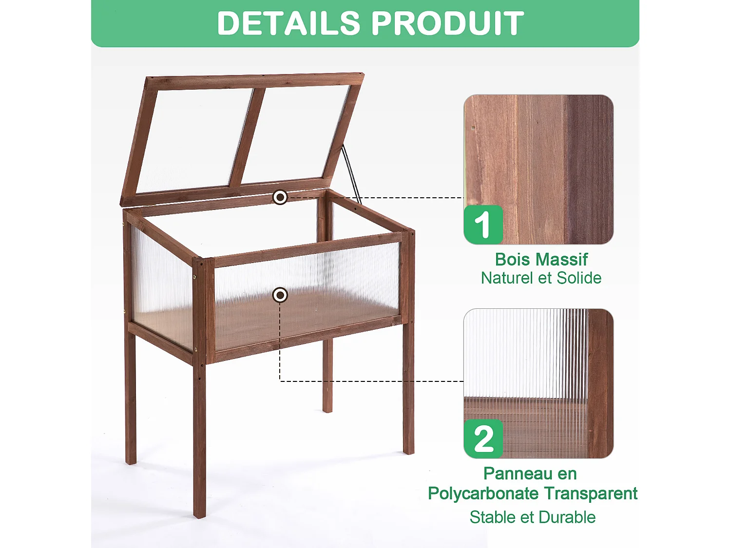 Mini serre sur pieds dim. 90L x 50l x 93H cm toit ouvrable panneaux de polycarbonate bois sapin traité