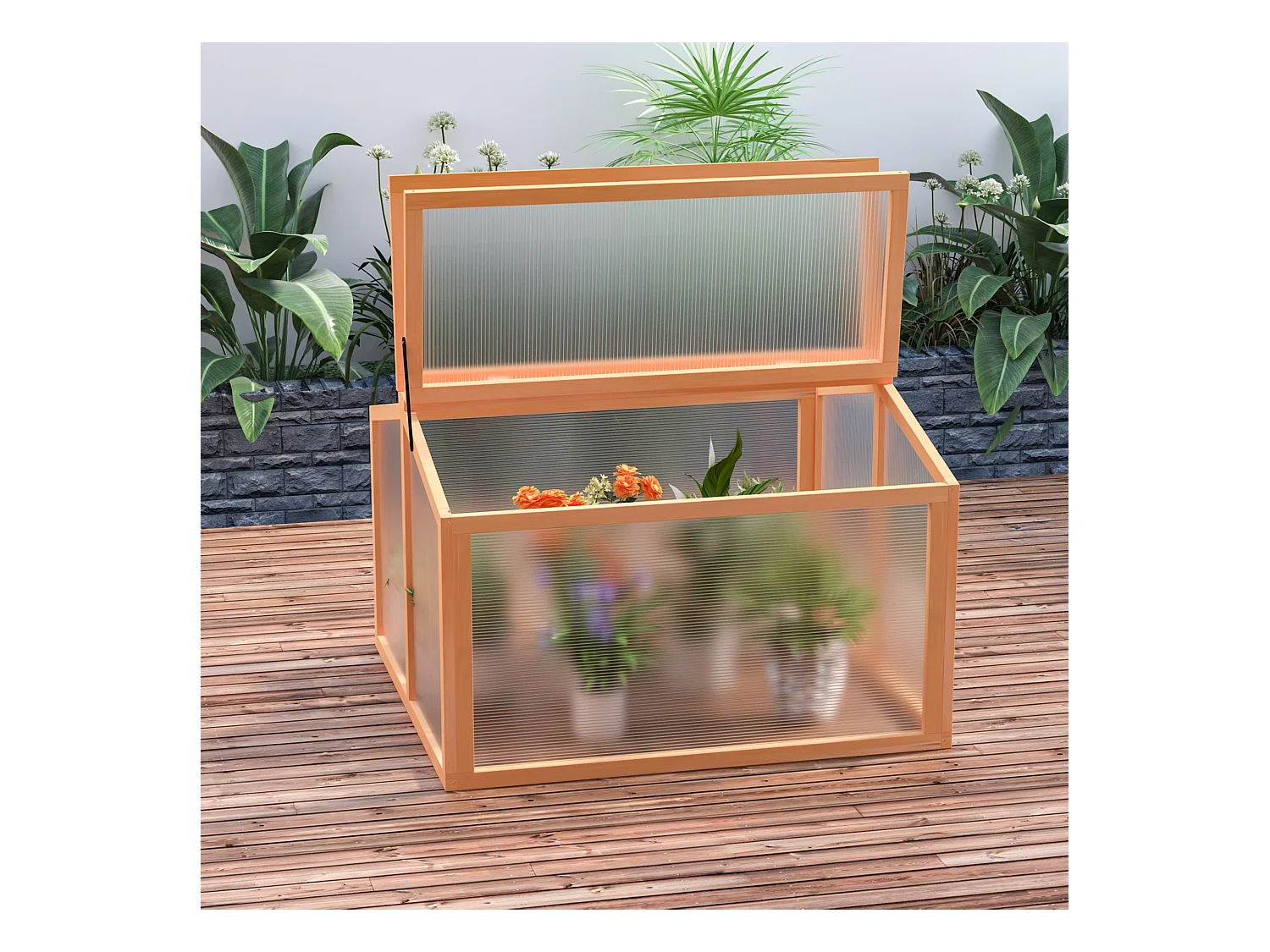 Mini serre de jardin serre à tomates dim. 90L x 80l x 58H cm toits ouvrables panneaux de polycarbonate bois sapin pré-huilé