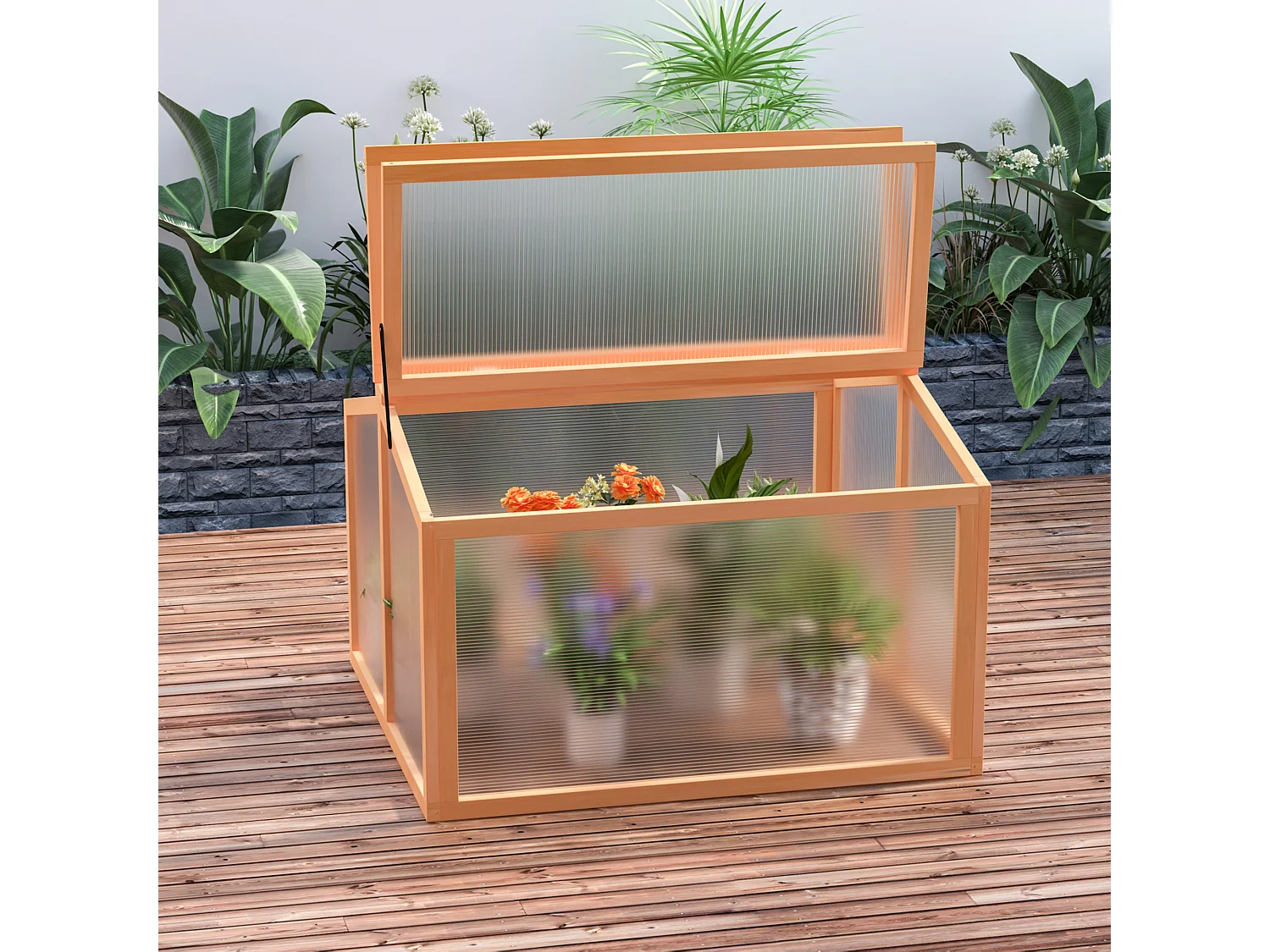 Mini serre de jardin serre à tomates dim. 90L x 80l x 58H cm toits ouvrables panneaux de polycarbonate bois sapin pré-huilé