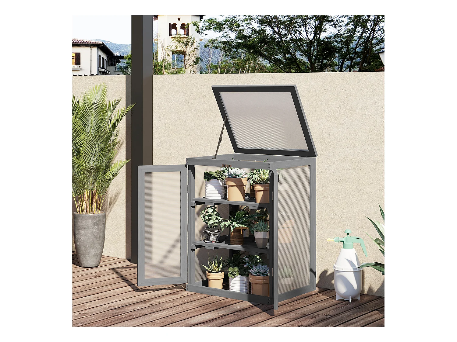 Mini serre de jardin 3 niveaux dim. 58L x 44l x 78H cm double porte toit ouvrant bois sapin lasuré peint gris polycarbonate