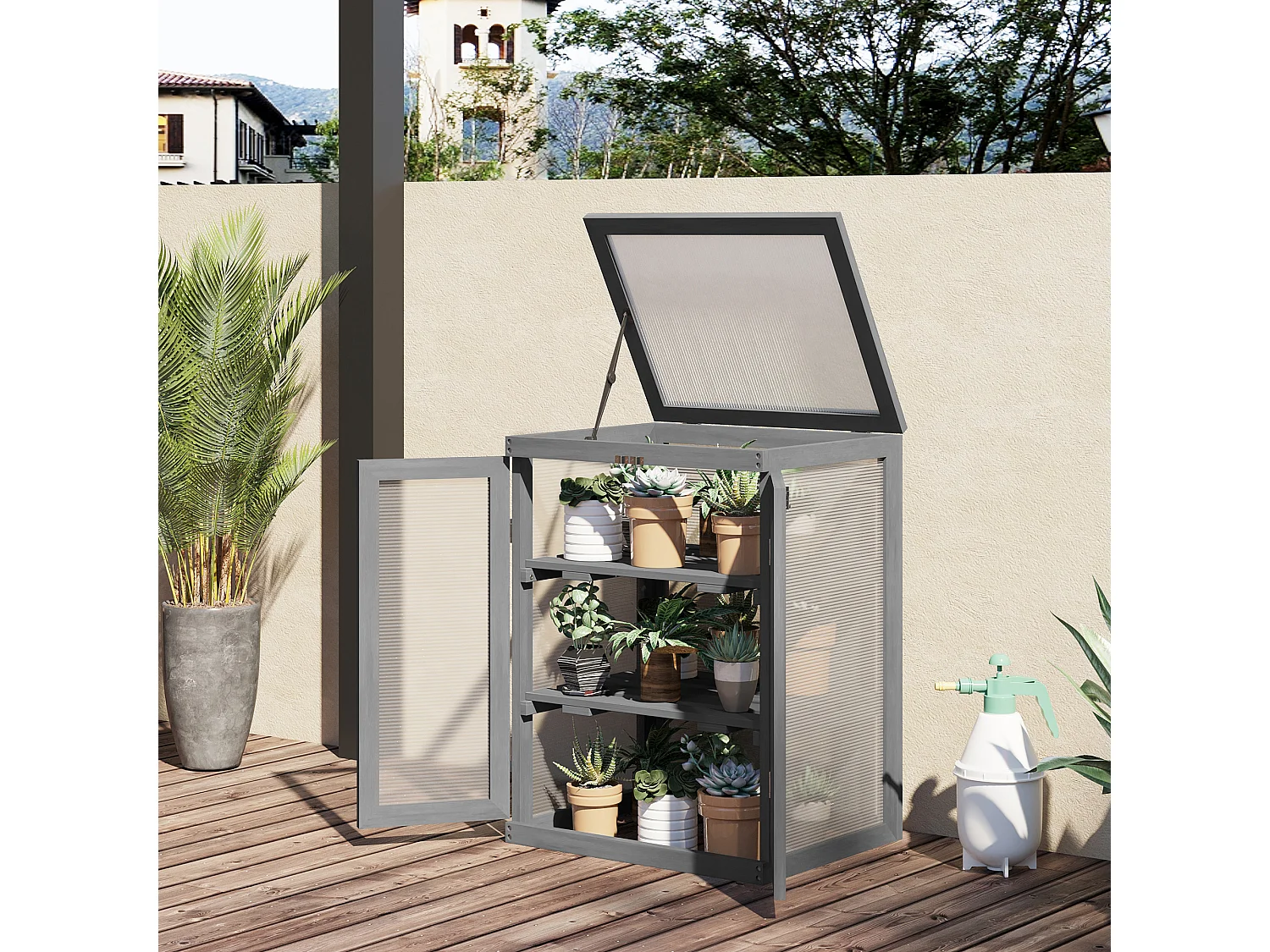 Mini serre de jardin 3 niveaux dim. 58L x 44l x 78H cm double porte toit ouvrant bois sapin lasuré peint gris polycarbonate