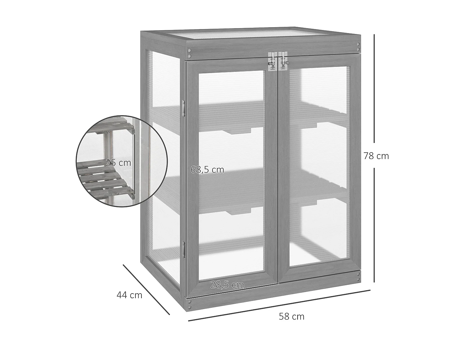 Mini serre de jardin 3 niveaux dim. 58L x 44l x 78H cm double porte toit ouvrant bois sapin lasuré peint gris polycarbonate