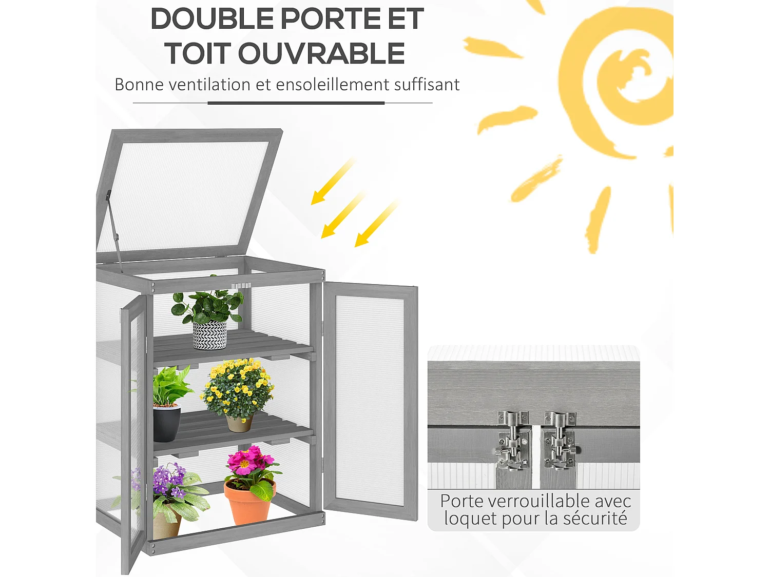 Mini serre de jardin 3 niveaux dim. 58L x 44l x 78H cm double porte toit ouvrant bois sapin lasuré peint gris polycarbonate