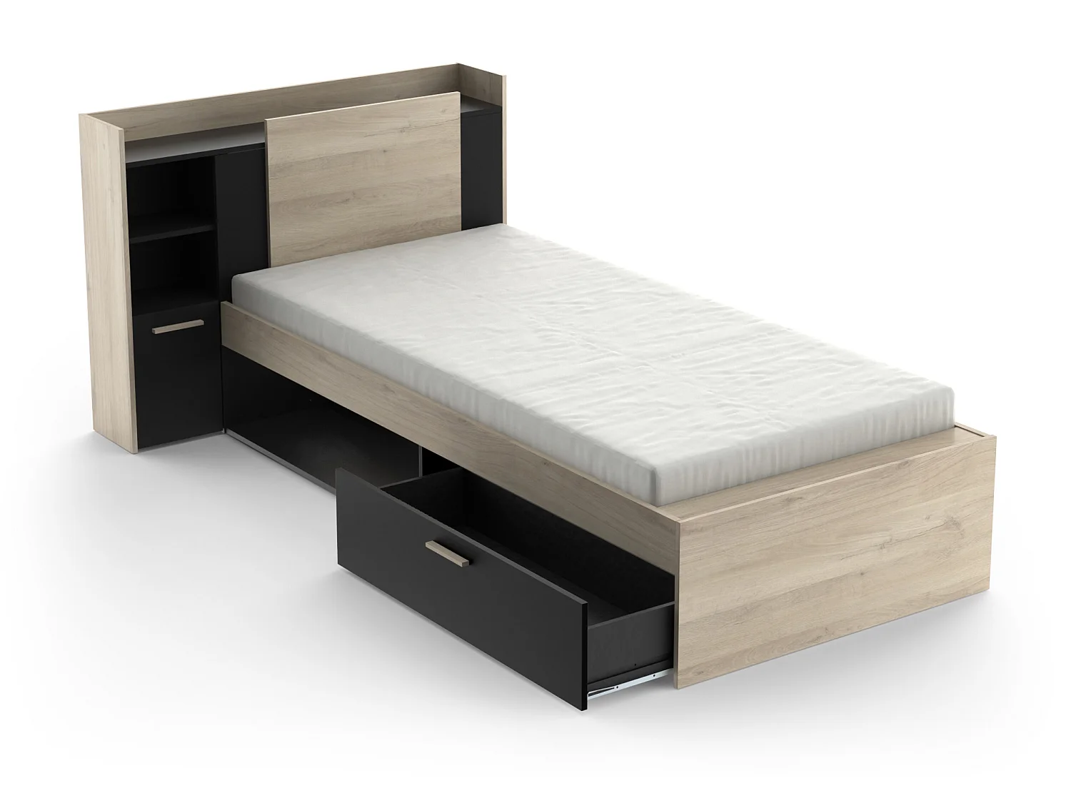 Justerbar seng 90 x 190/200 cm med opbevaring - Sort og natur + sengebund + madras - MARTELO