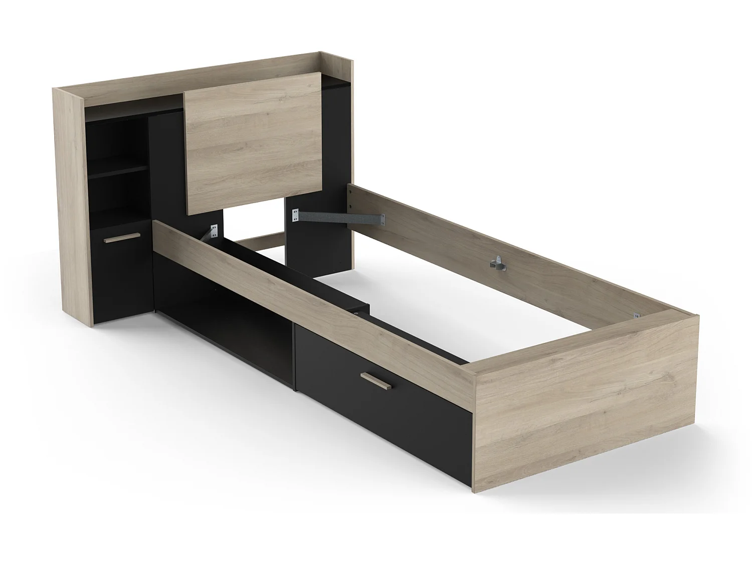 Justerbar seng 90 x 190/200 cm med opbevaring - Sort og natur + sengebund + madras - MARTELO