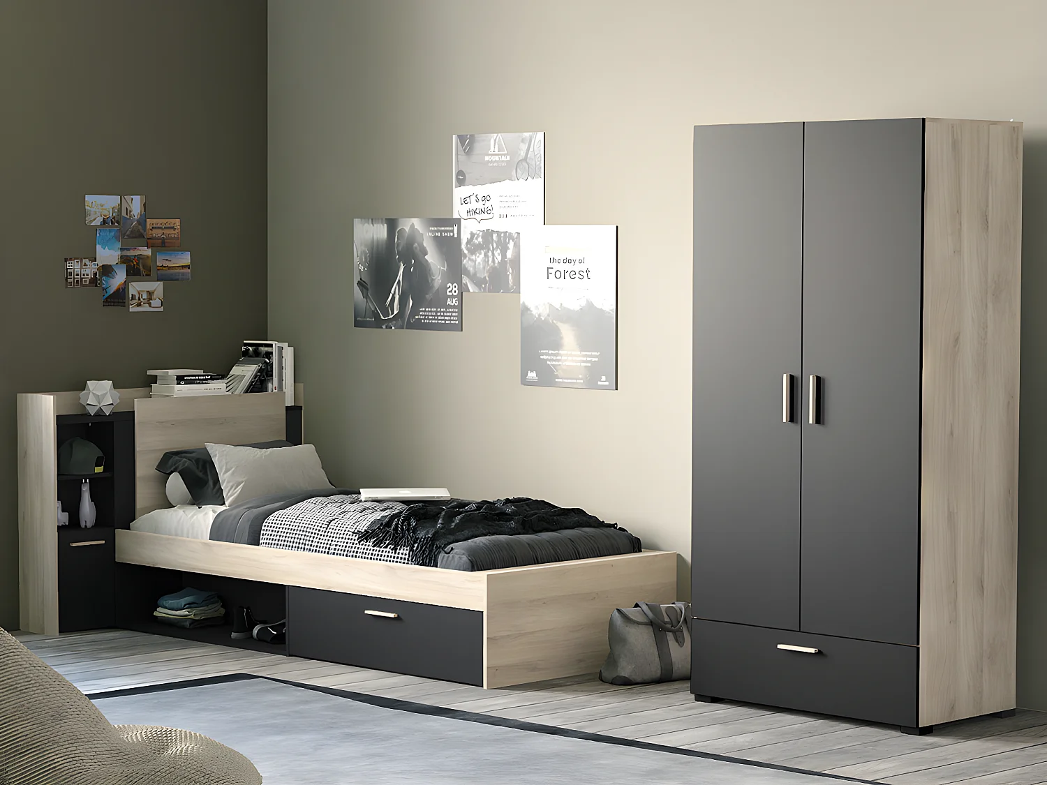 Justerbar seng 90 x 190/200 cm med opbevaring - Sort og natur + sengebund + madras - MARTELO