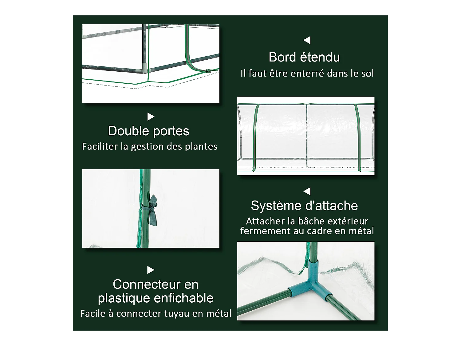 Serre de jardin tunnel serre à tomates dim. 2L x 1l x 0,8H m 2 portes zippées bâche PVC transparent acier époxy vert