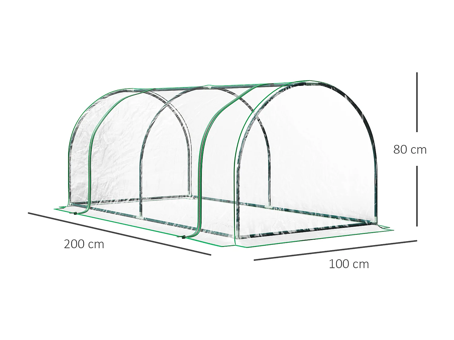 Serre de jardin tunnel serre à tomates dim. 2L x 1l x 0,8H m 2 portes zippées bâche PVC transparent acier époxy vert