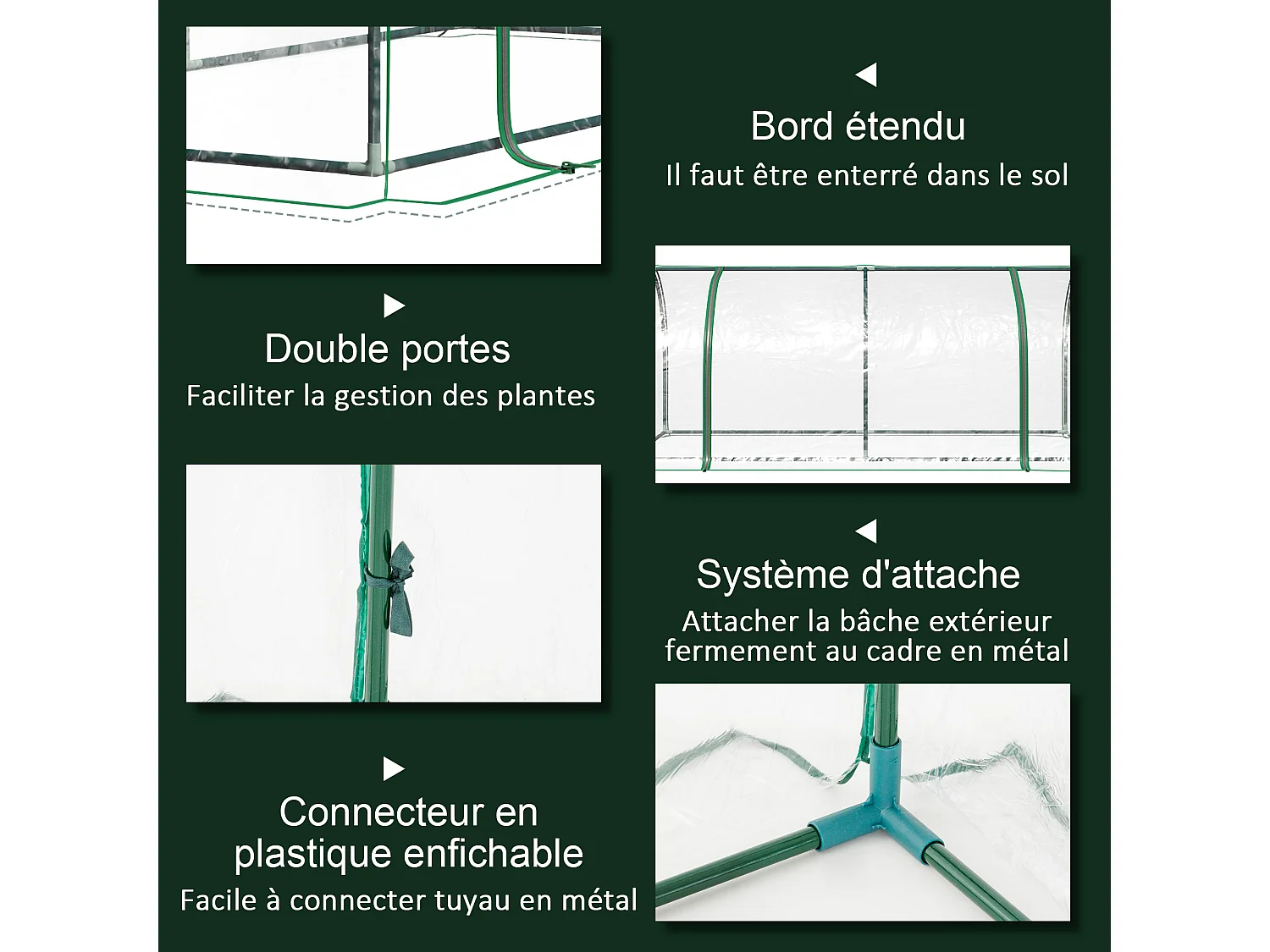 Serre de jardin tunnel serre à tomates dim. 2L x 1l x 0,8H m 2 portes zippées bâche PVC transparent acier époxy vert