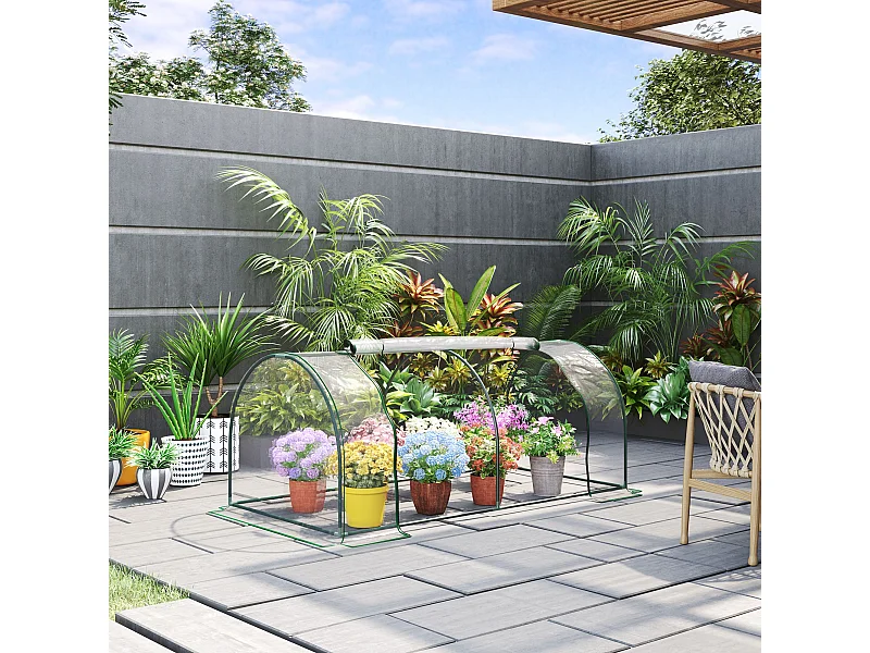 Serre de jardin tunnel serre à tomates dim. 2L x 1l x 0,8H m 2 portes zippées bâche PVC transparent acier époxy vert