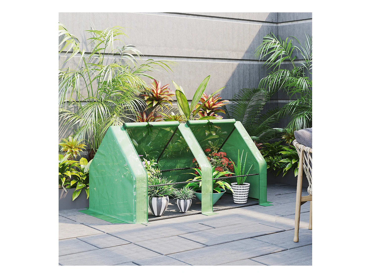 Mini serre de jardin serre à tomates dim. 180L x 90l x 90H cm acier PE haute densité 140 g/m² anti-UV 2 fenêtres zippées enroulables vert