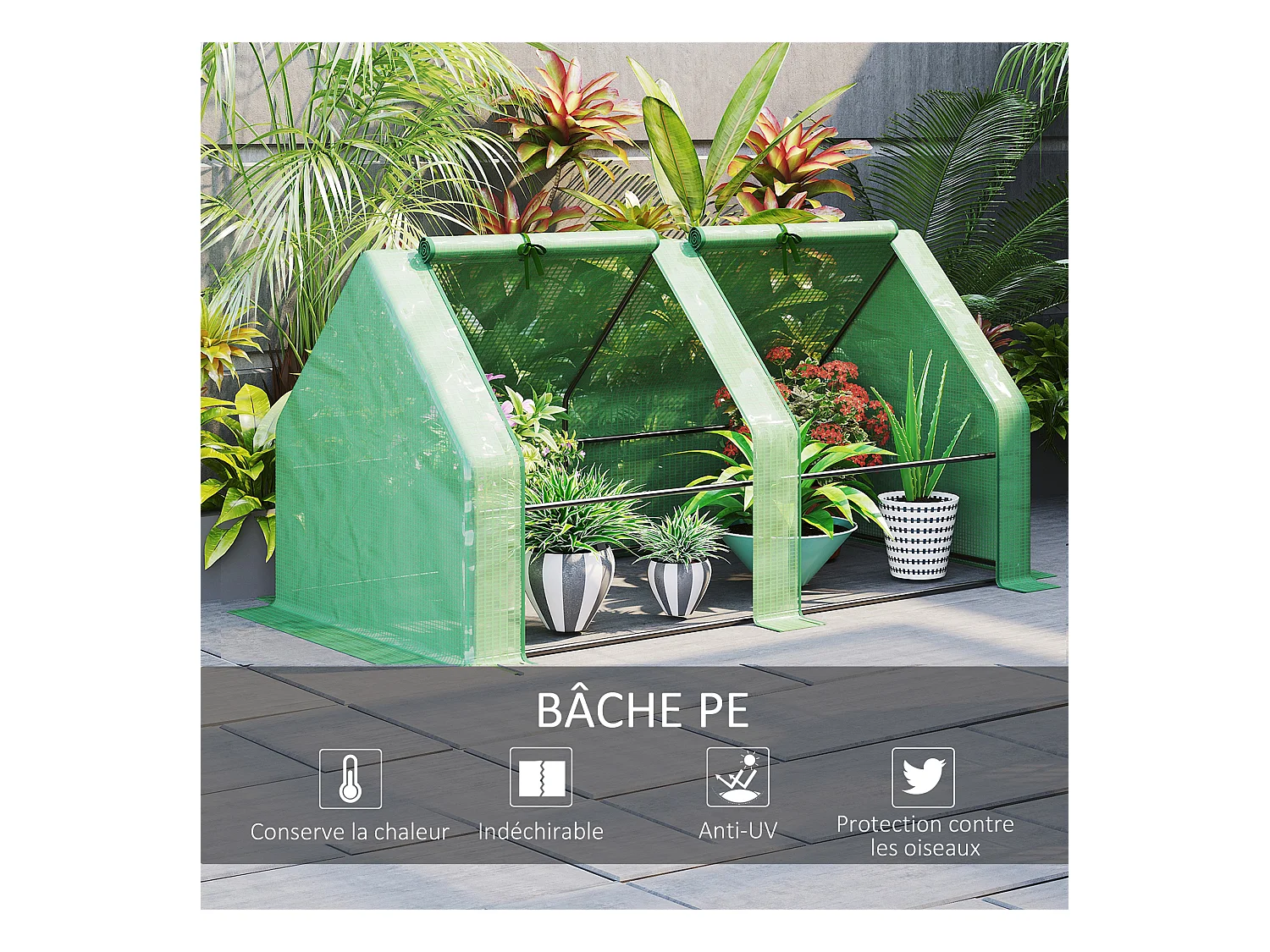 Mini serre de jardin serre à tomates dim. 180L x 90l x 90H cm acier PE haute densité 140 g/m² anti-UV 2 fenêtres zippées enroulables vert