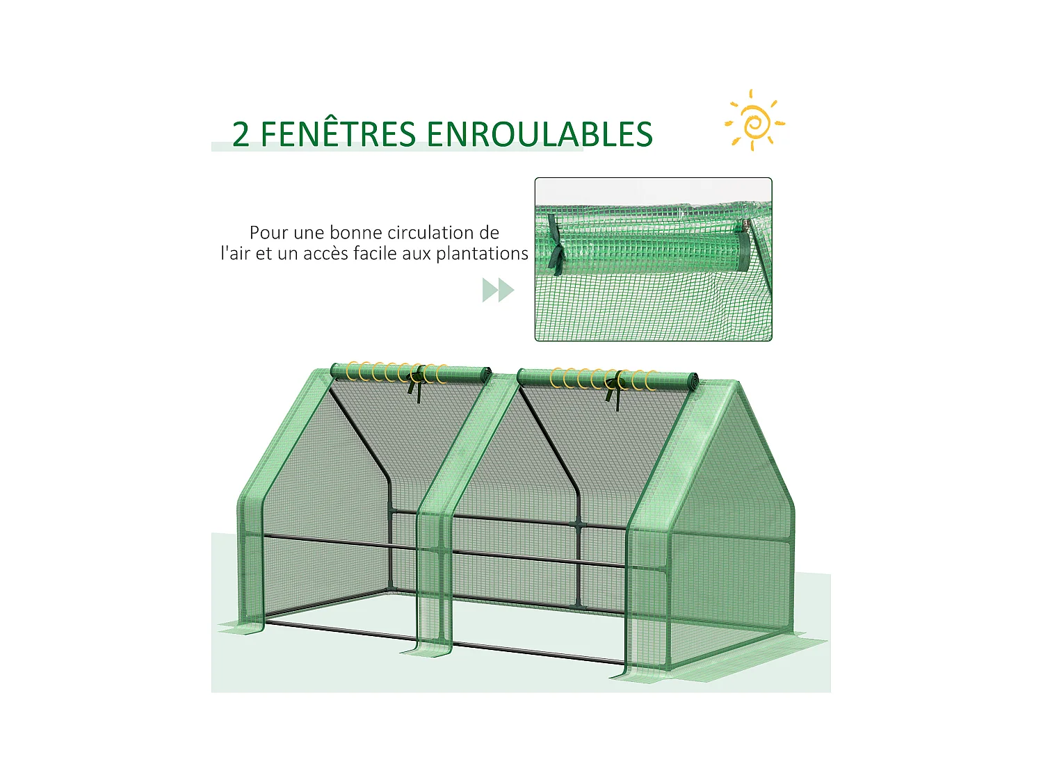 Mini serre de jardin serre à tomates dim. 180L x 90l x 90H cm acier PE haute densité 140 g/m² anti-UV 2 fenêtres zippées enroulables vert