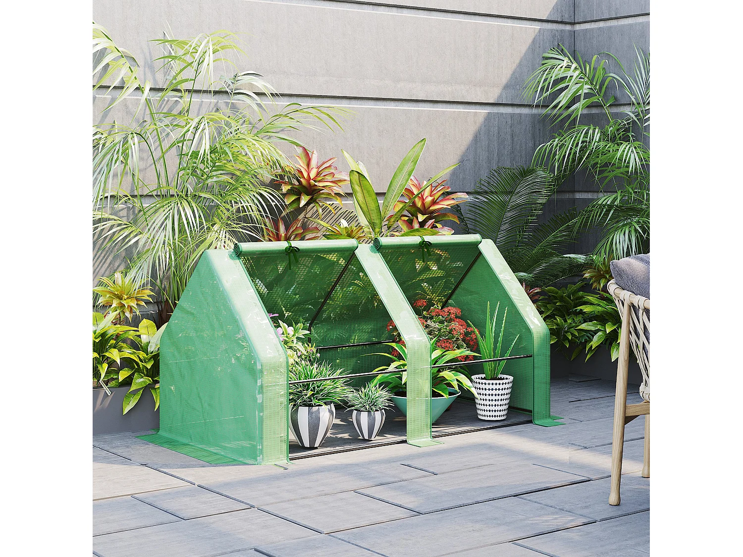 Mini serre de jardin serre à tomates dim. 180L x 90l x 90H cm acier PE haute densité 140 g/m² anti-UV 2 fenêtres zippées enroulables vert