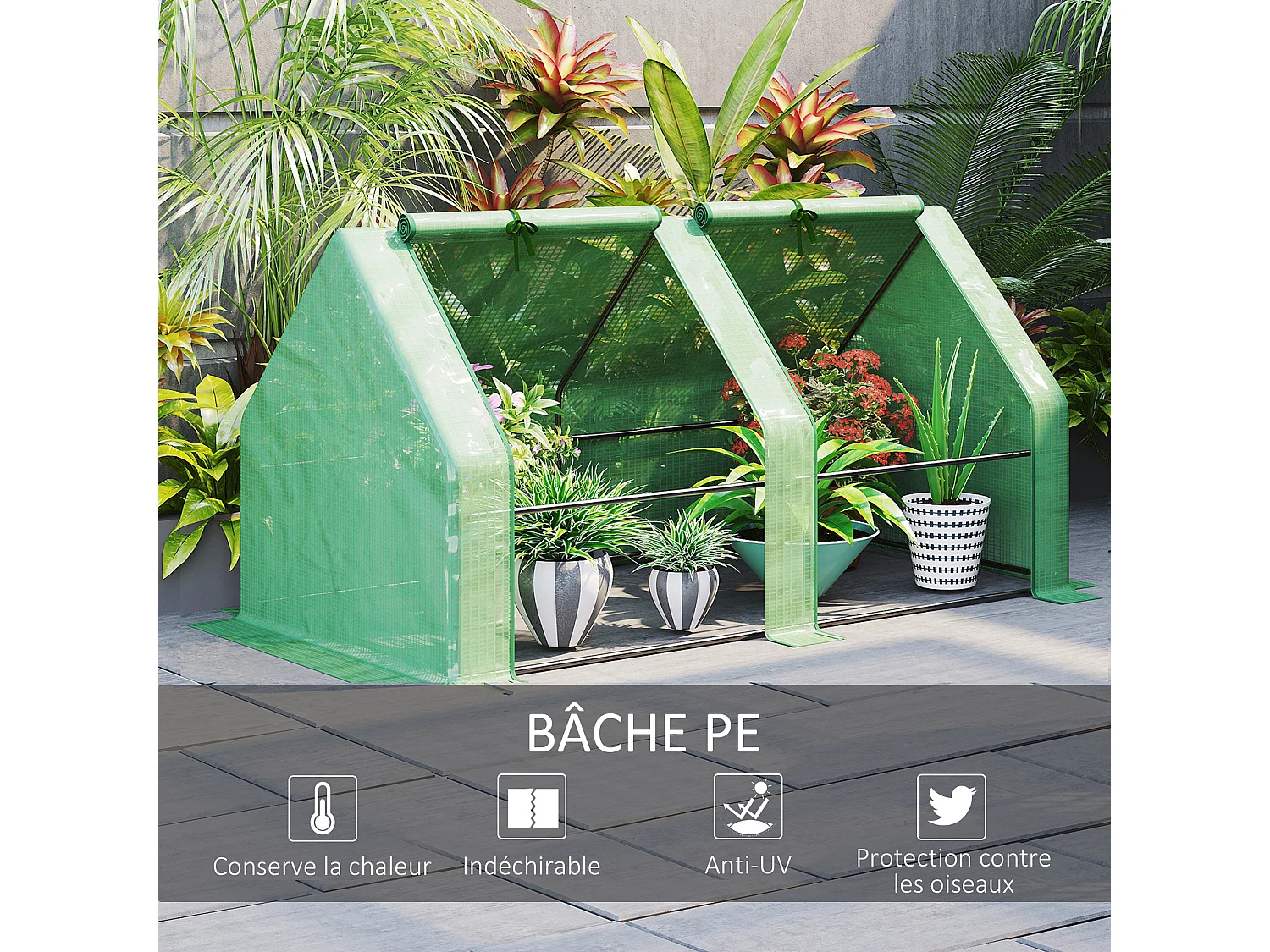 Mini serre de jardin serre à tomates dim. 180L x 90l x 90H cm acier PE haute densité 140 g/m² anti-UV 2 fenêtres zippées enroulables vert