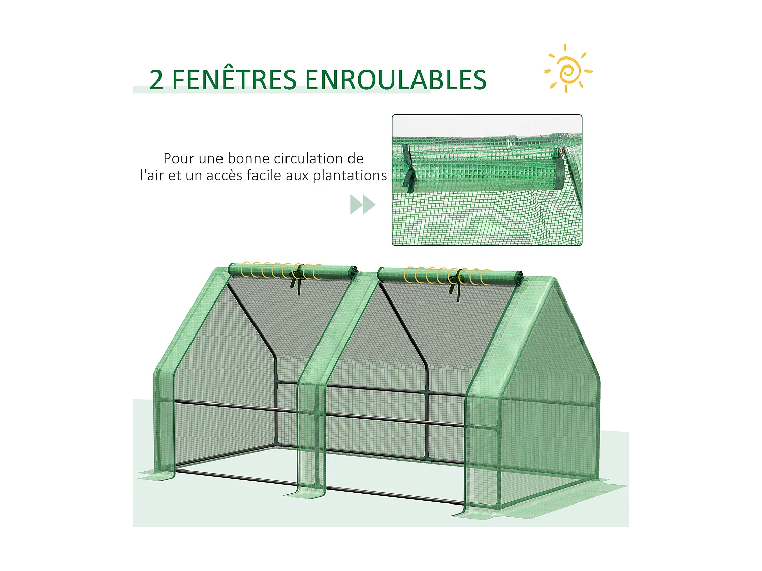 Mini serre de jardin serre à tomates dim. 180L x 90l x 90H cm acier PE haute densité 140 g/m² anti-UV 2 fenêtres zippées enroulables vert