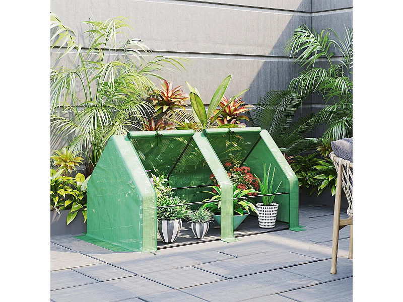 Mini serre de jardin serre à tomates dim. 180L x 90l x 90H cm acier PE haute densité 140 g/m² anti-UV 2 fenêtres zippées enroulables vert
