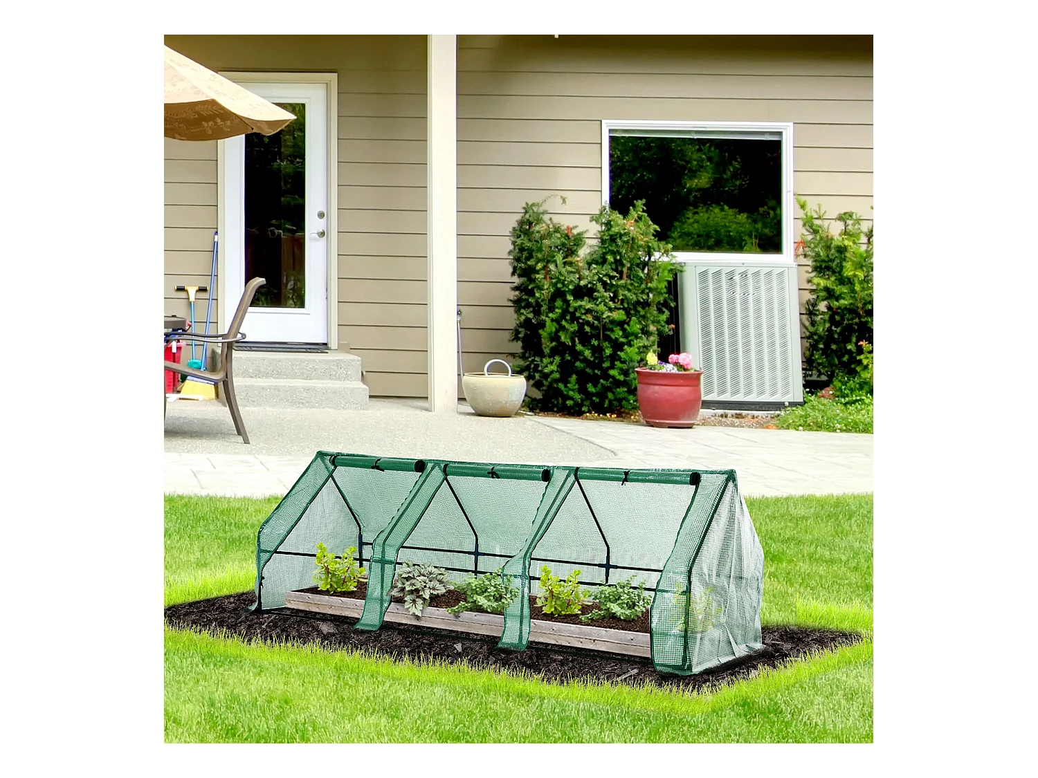 Mini serre de jardin 270L x 90l x 90H cm acier PE haute densité 140 g/m² anti-UV 3 fenêtres avec zip enroulables vert