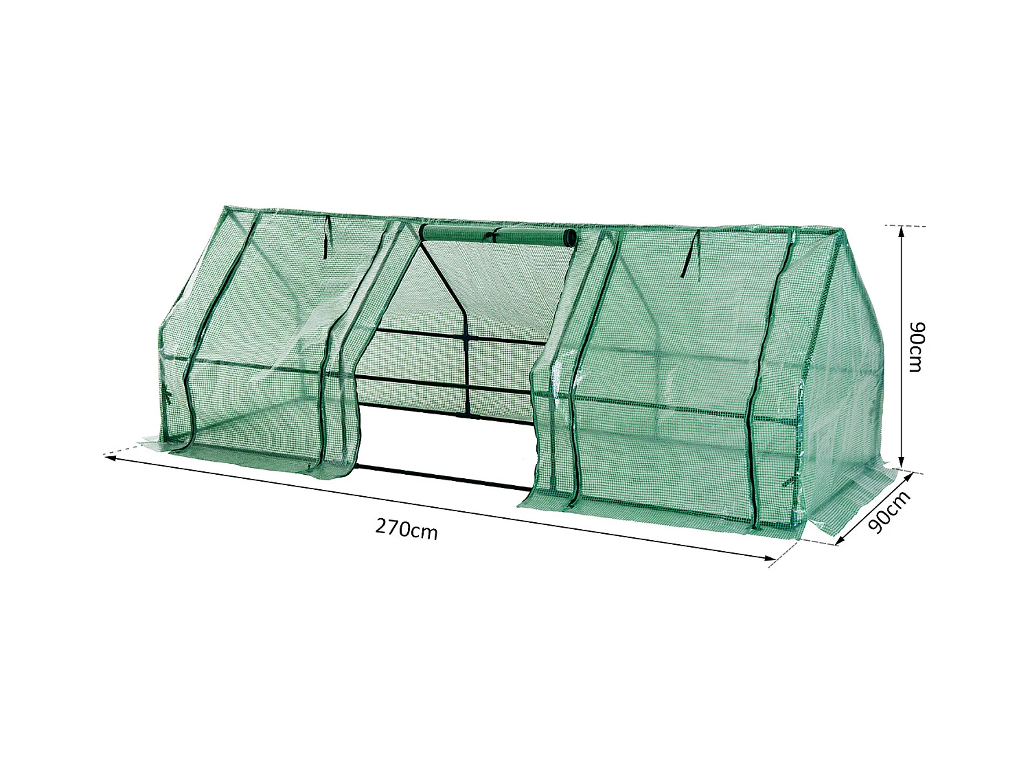 Mini serre de jardin 270L x 90l x 90H cm acier PE haute densité 140 g/m² anti-UV 3 fenêtres avec zip enroulables vert
