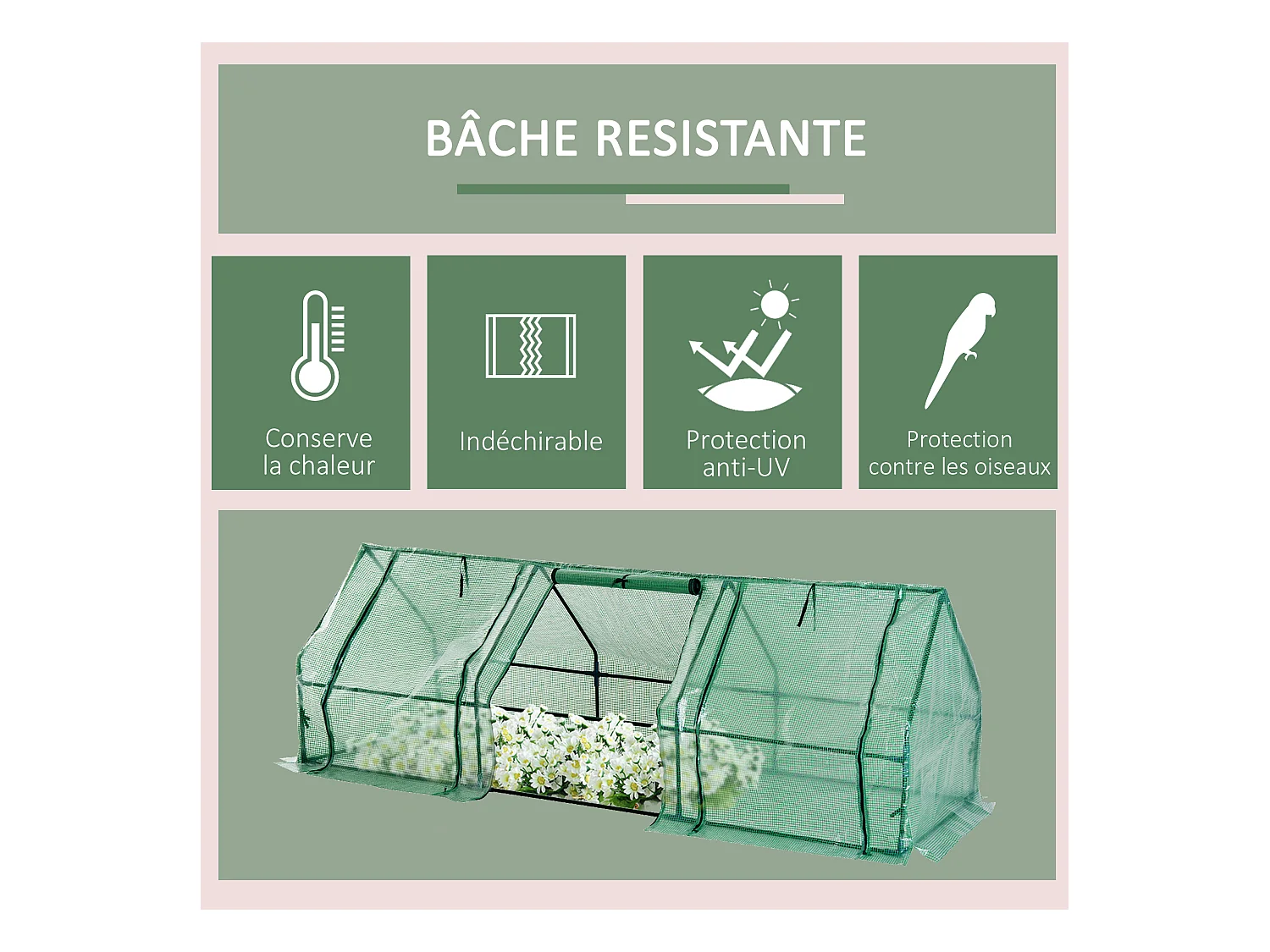 Mini serre de jardin 270L x 90l x 90H cm acier PE haute densité 140 g/m² anti-UV 3 fenêtres avec zip enroulables vert