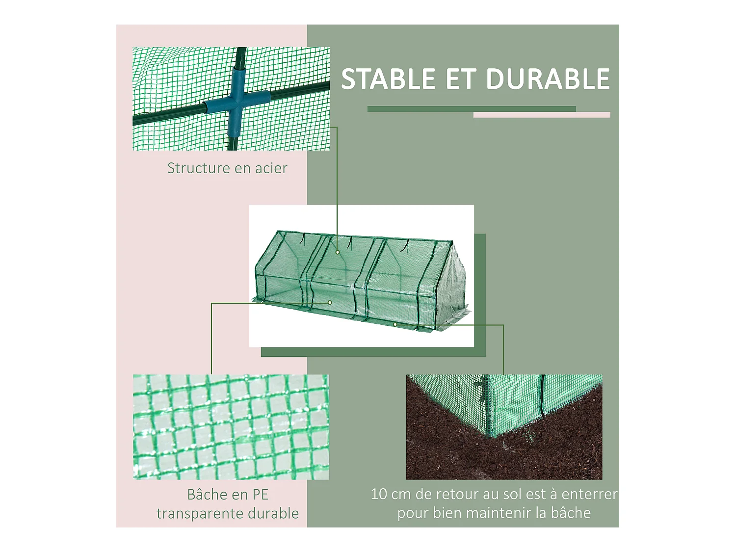 Mini serre de jardin 270L x 90l x 90H cm acier PE haute densité 140 g/m² anti-UV 3 fenêtres avec zip enroulables vert