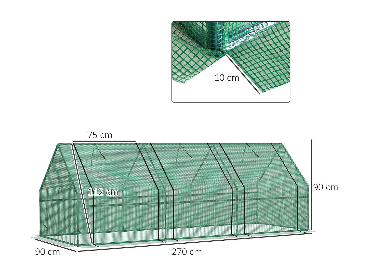 Mini serre de jardin 270L x 90l x 90H cm acier PE haute densité 140 g/m² anti-UV 3 fenêtres avec zip enroulables vert