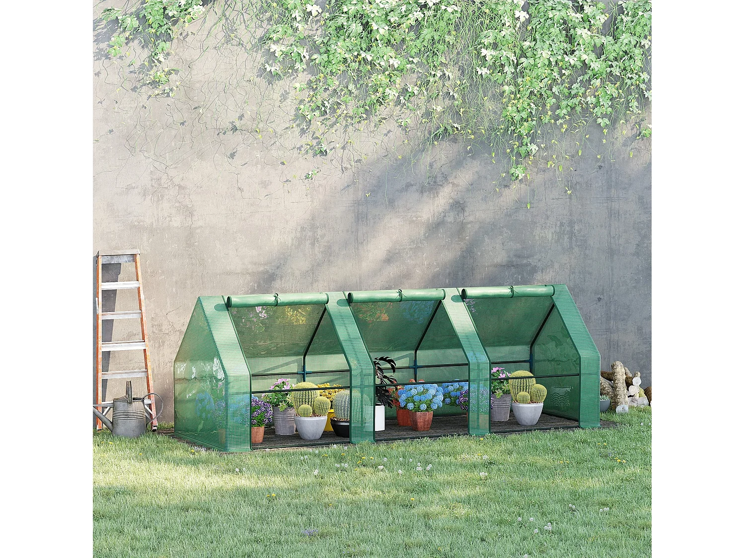 Mini serre de jardin 270L x 90l x 90H cm acier PE haute densité 140 g/m² anti-UV 3 fenêtres avec zip enroulables vert