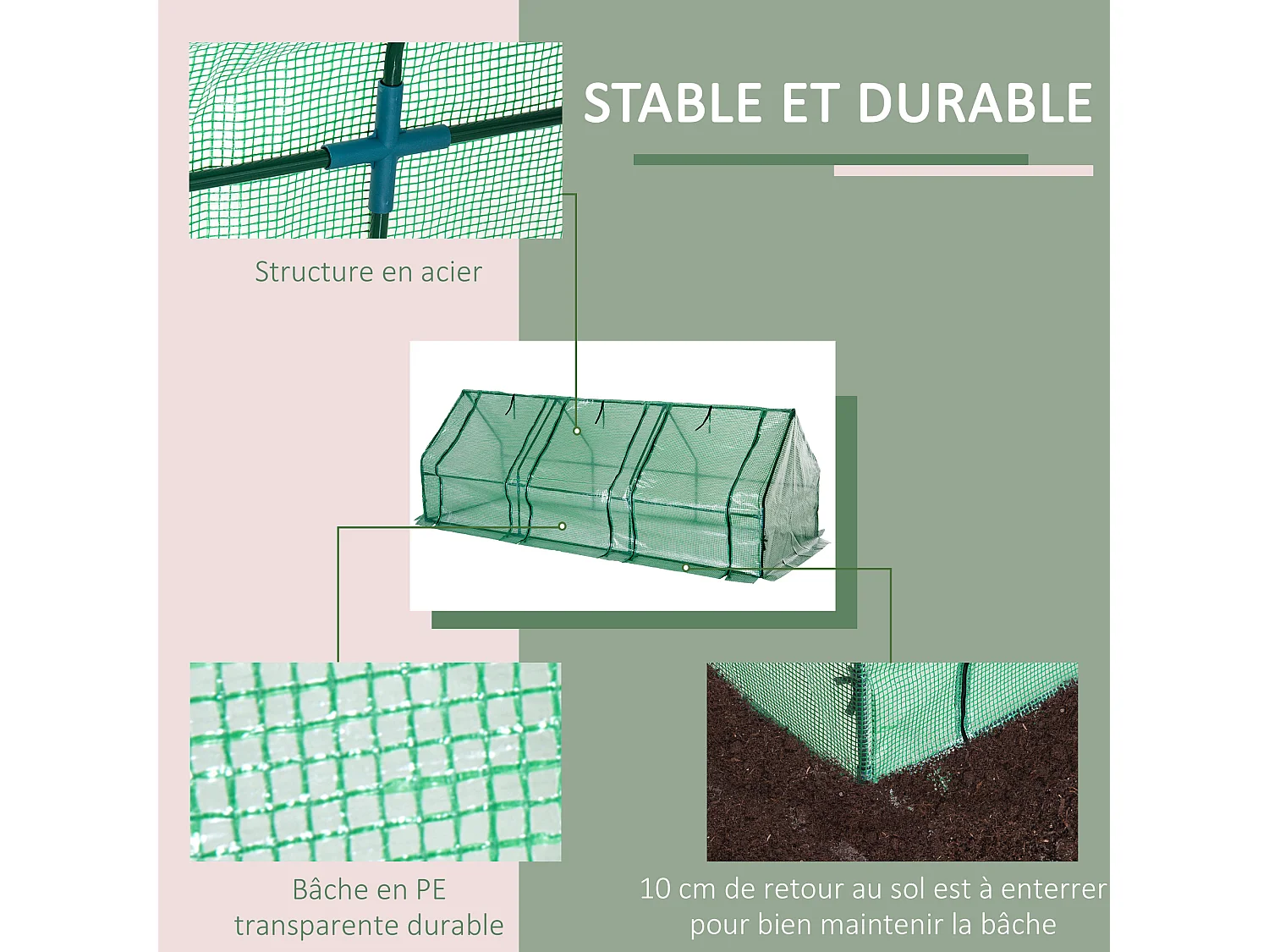 Mini serre de jardin 270L x 90l x 90H cm acier PE haute densité 140 g/m² anti-UV 3 fenêtres avec zip enroulables vert