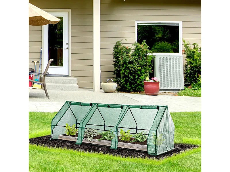 Mini serre de jardin 270L x 90l x 90H cm acier PE haute densité 140 g/m² anti-UV 3 fenêtres avec zip enroulables vert