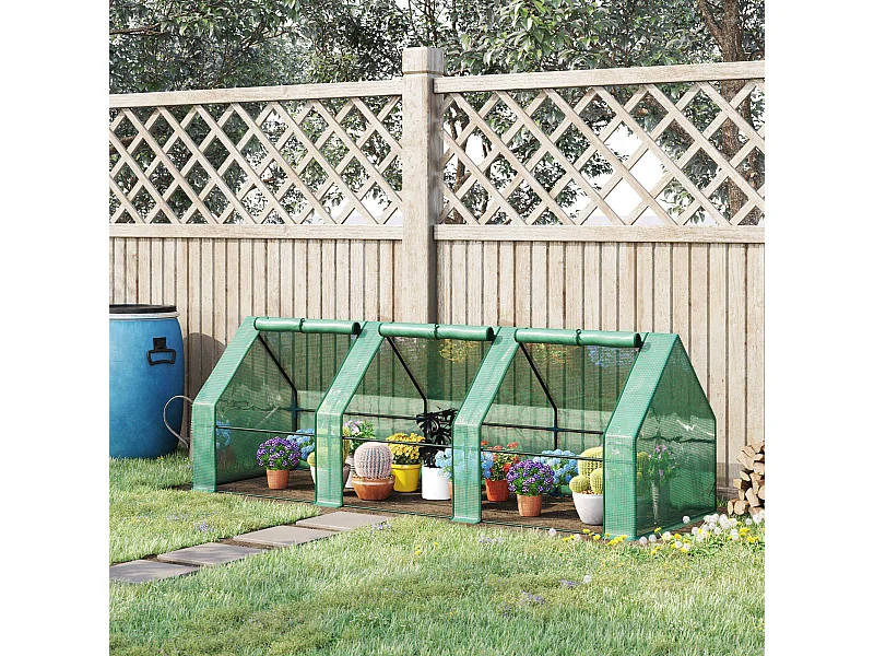 Mini serre de jardin 270L x 90l x 90H cm acier PE haute densité 140 g/m² anti-UV 3 fenêtres avec zip enroulables vert