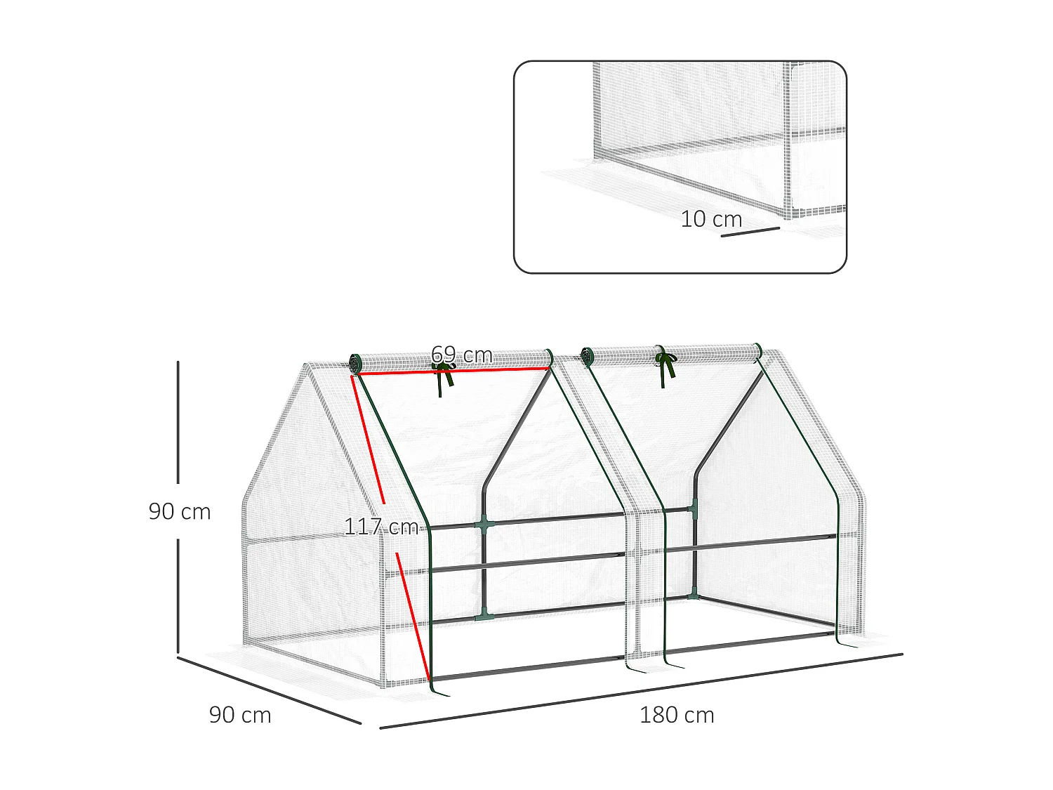 Serre de jardin tunnel 2,5L x 1l x 0,8H m grande porte zippée bâche PVC transparent métal époxy vert