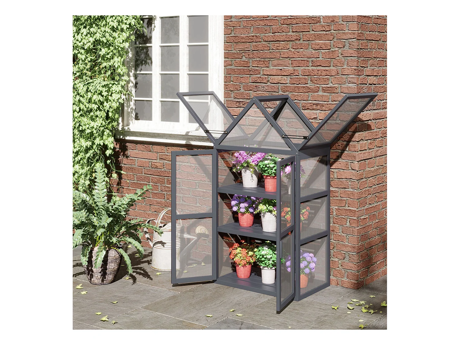 Mini serre de jardin en polycarbonate cadre en bois 3 niveaux dim. 70,5L x 42l x 132H cm double porte aérations réglables gris