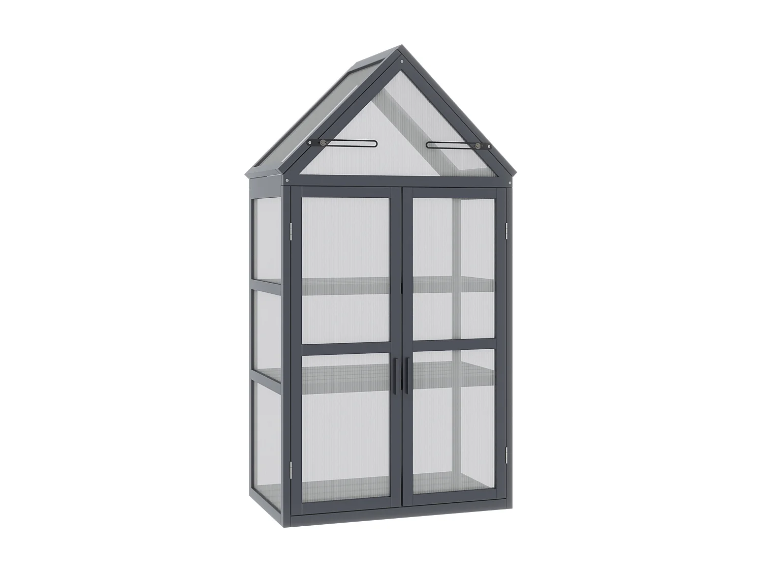 Mini serre de jardin en polycarbonate cadre en bois 3 niveaux dim. 70,5L x 42l x 132H cm double porte aérations réglables gris