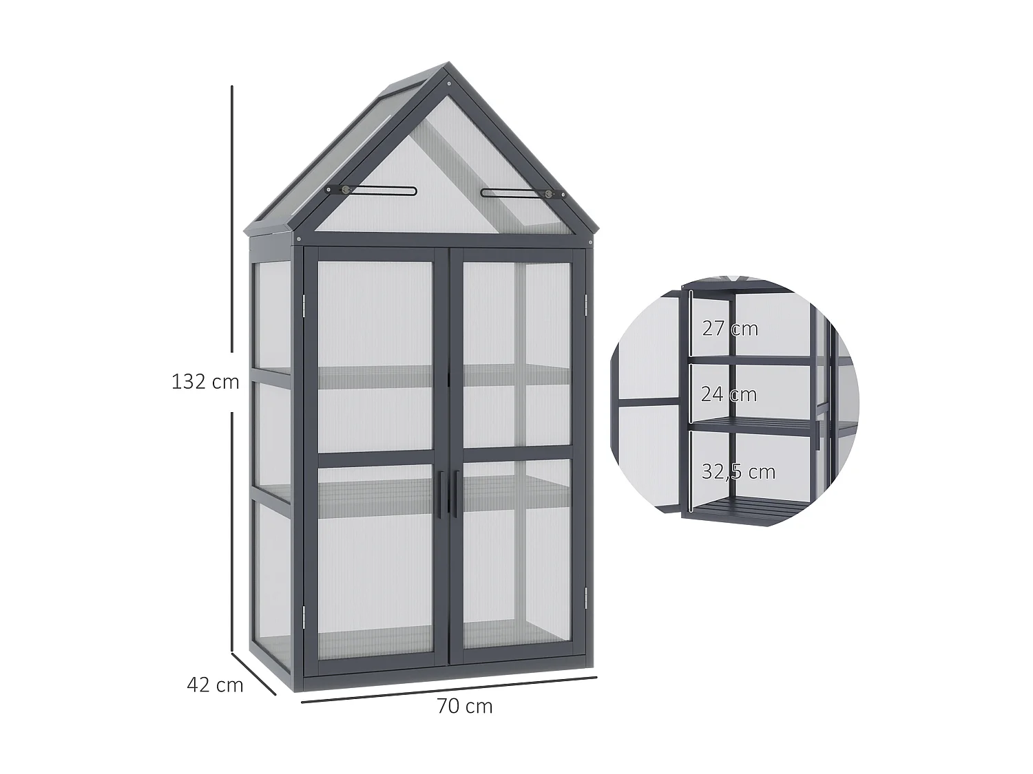 Mini serre de jardin en polycarbonate cadre en bois 3 niveaux dim. 70,5L x 42l x 132H cm double porte aérations réglables gris