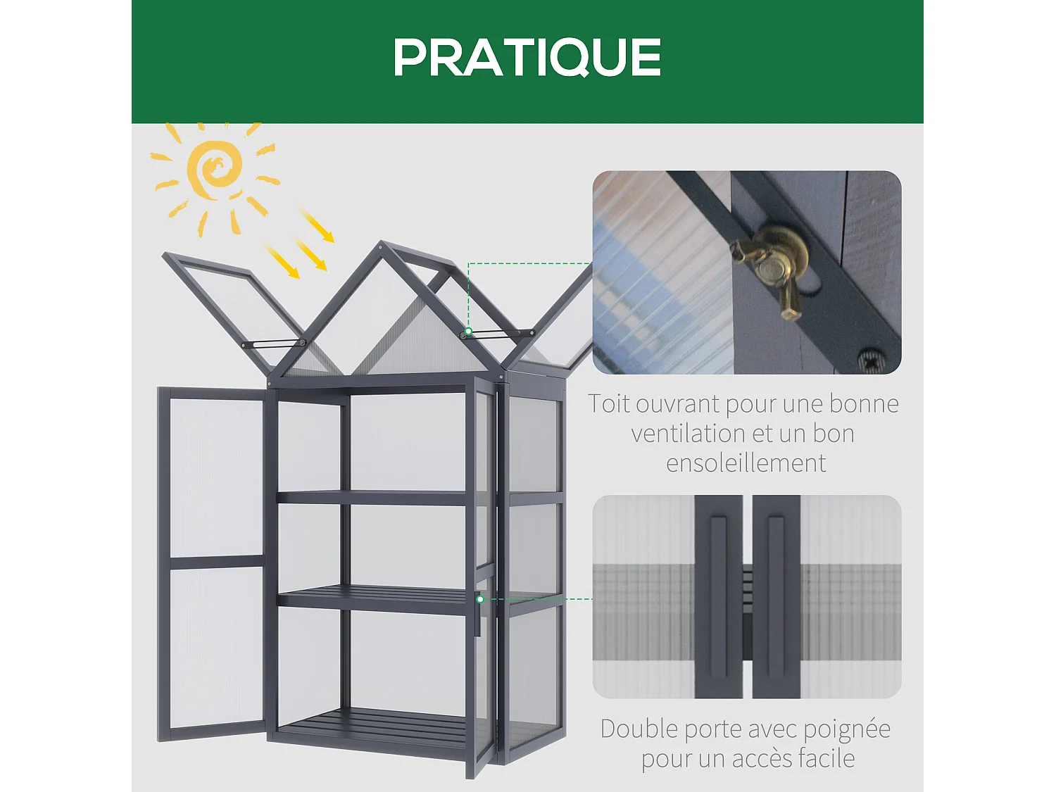 Mini serre de jardin en polycarbonate cadre en bois 3 niveaux dim. 70,5L x 42l x 132H cm double porte aérations réglables gris