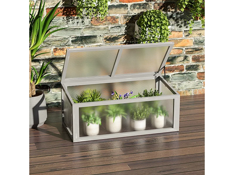 Mini serre de jardin serre à tomates dim. 90L x 46l x 40H cm toit ouvrable panneaux de polycarbonate bois sapin pré-huilé gris