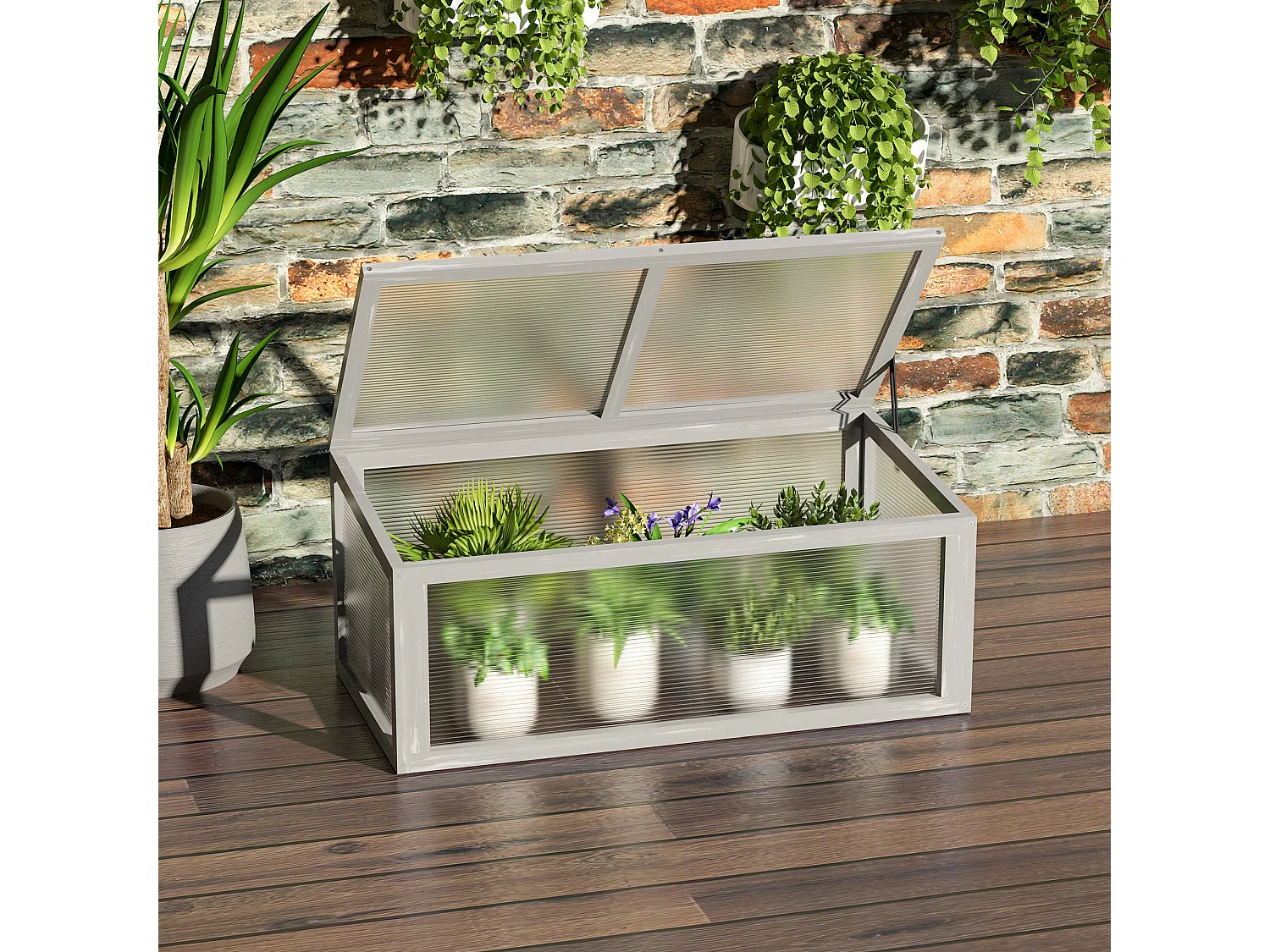 Mini serre de jardin serre à tomates dim. 90L x 46l x 40H cm toit ouvrable panneaux de polycarbonate bois sapin pré-huilé gris