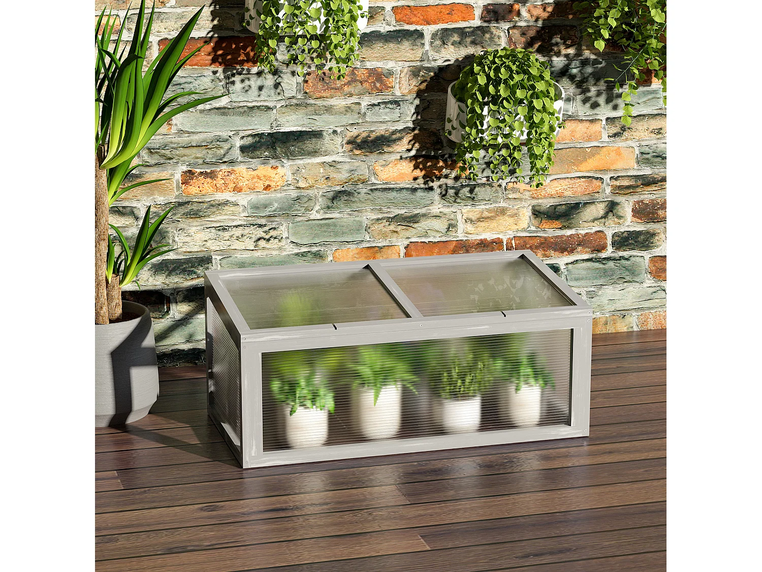 Mini serre de jardin serre à tomates dim. 90L x 46l x 40H cm toit ouvrable panneaux de polycarbonate bois sapin pré-huilé gris